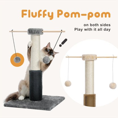 Small Cat Scratching Post with Grooming Brush and Fluffy Detachable Ball 2 Colors Cat Natural Sisal Pole Toy for Kitten Climbing