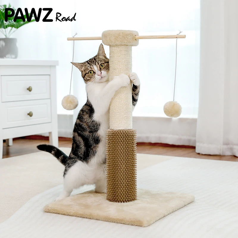 Small Cat Scratching Post with Grooming Brush and Fluffy Detachable Ball 2 Colors Cat Natural Sisal Pole Toy for Kitten Climbing