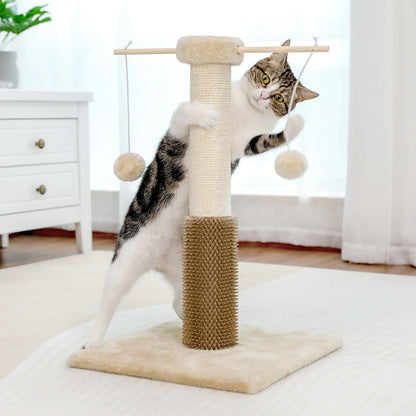 Small Cat Scratching Post with Grooming Brush and Fluffy Detachable Ball 2 Colors Cat Natural Sisal Pole Toy for Kitten Climbing