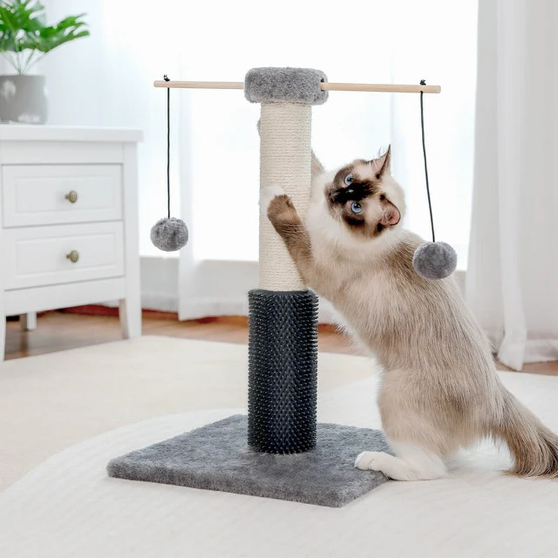 Small Cat Scratching Post with Grooming Brush and Fluffy Detachable Ball 2 Colors Cat Natural Sisal Pole Toy for Kitten Climbing